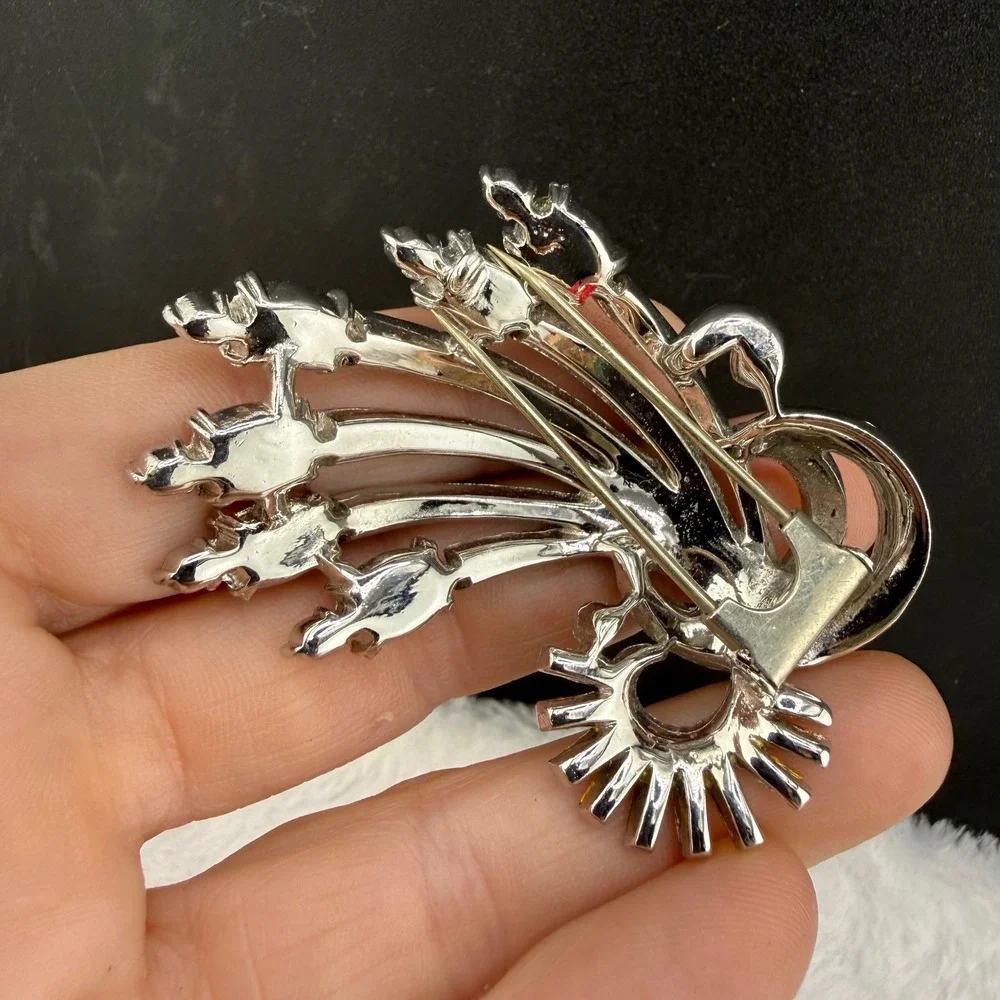 Vintage Rhinestone Fur Clip Silver Tone Spray Comet